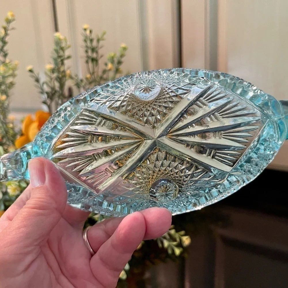 VINTAGE, VIKING, PRESSED GLASS, TURQUOISE, RELISH TRAY. SAWTOOTH EDGE.